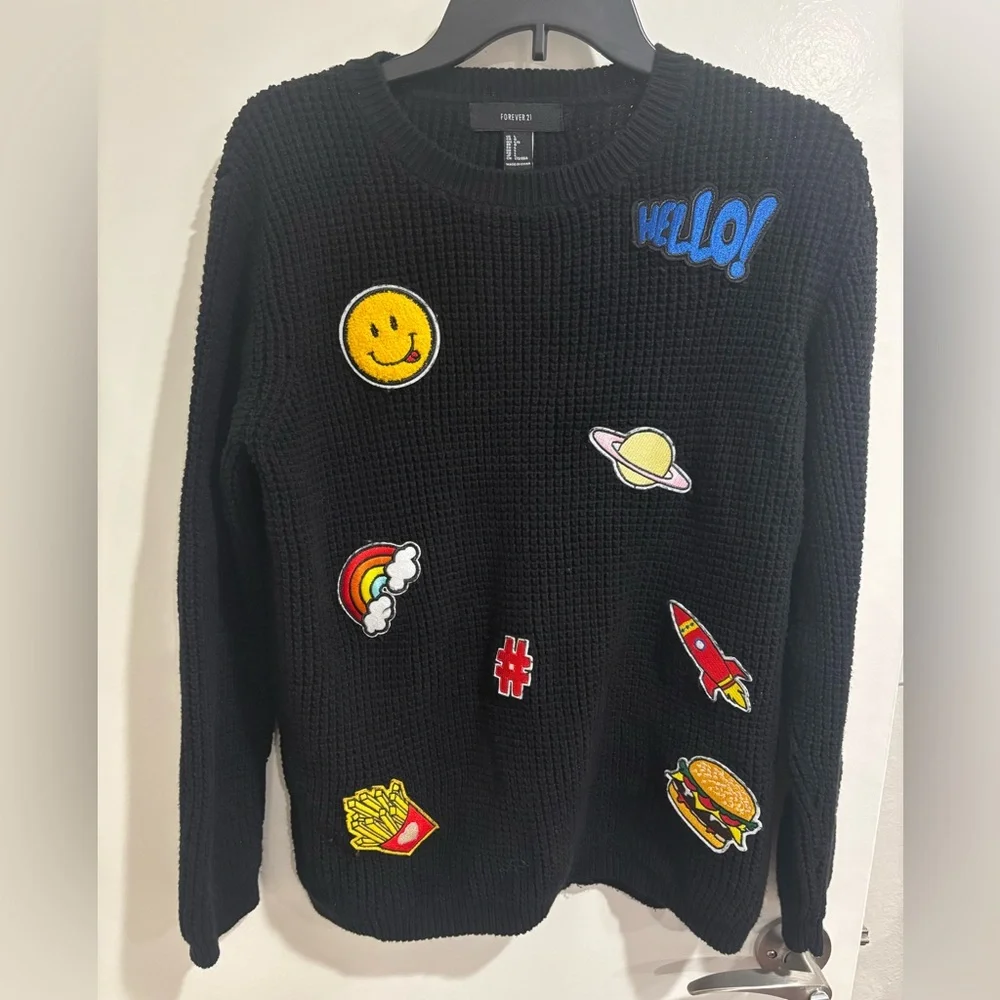 Forever21 LIKE NEW Black Sweater with Cute Patches, Large - Picture 1 of 5
